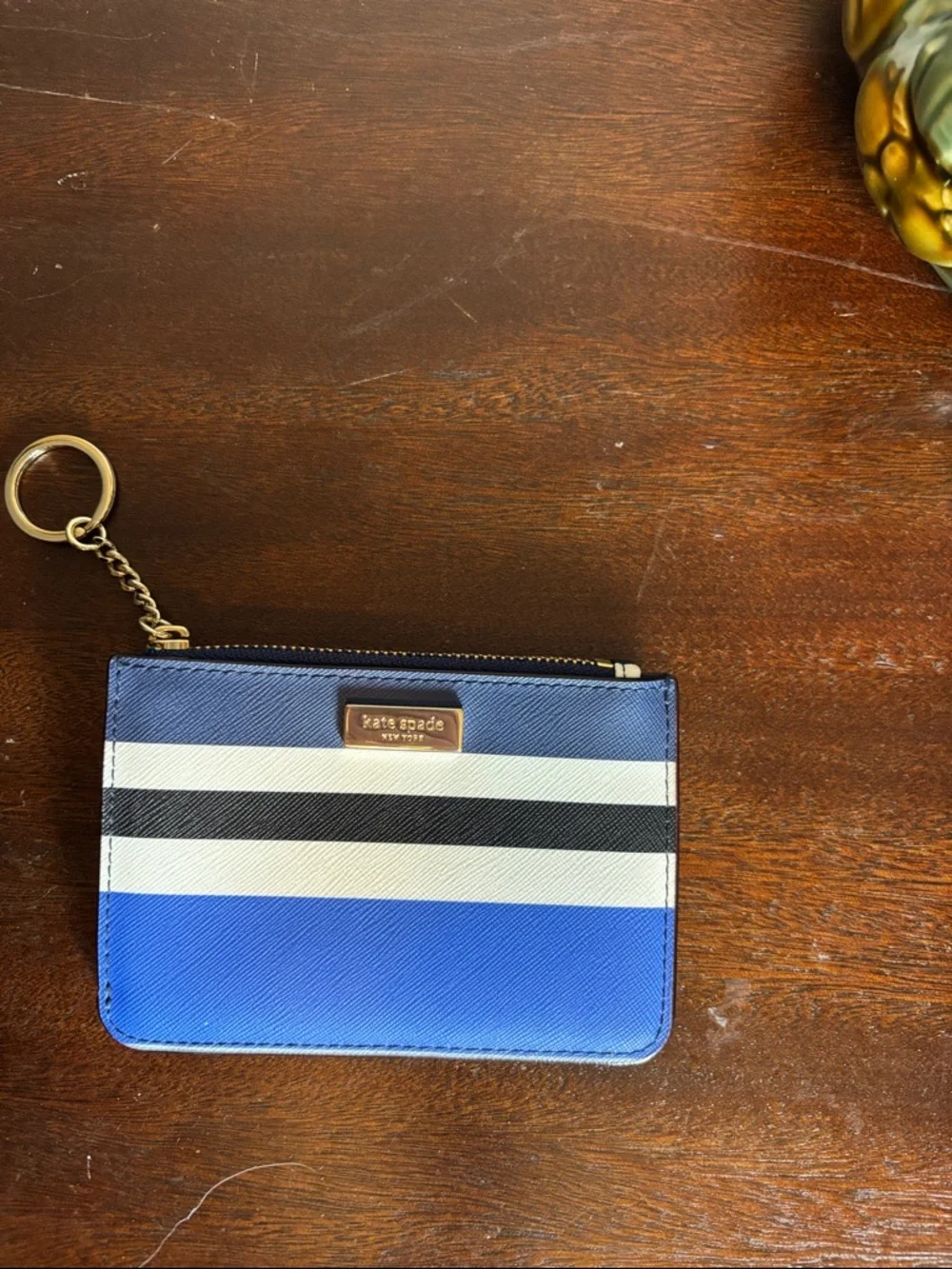kate spade Blue, White & Black Striped Leather Zip Card Case with Key Ring - Picture 1 of 4